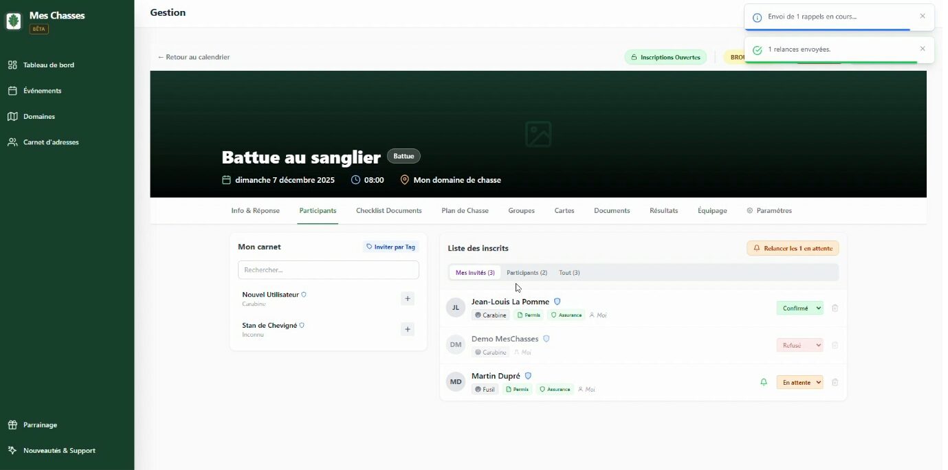 creer un evenement de chasse domaine